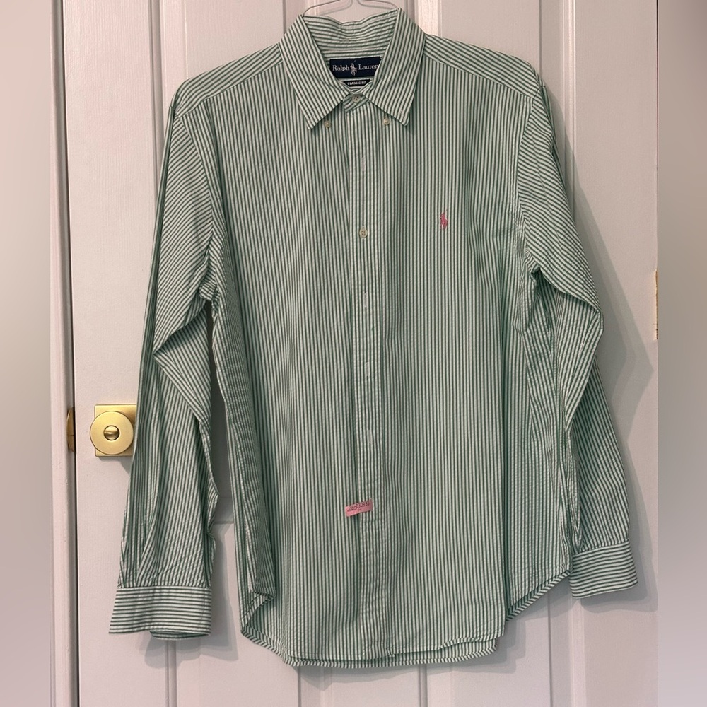 Ralph Lauren Men's Green Striped Button Down Shirt Searsucker